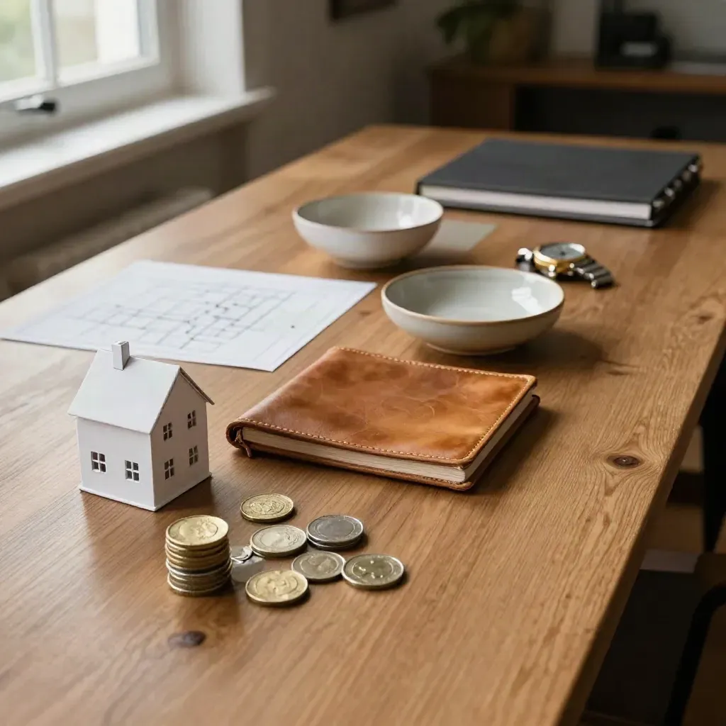 Zes kapitaalobjecten op een houten tafel in warm ochtendlicht, als stille financiële planning