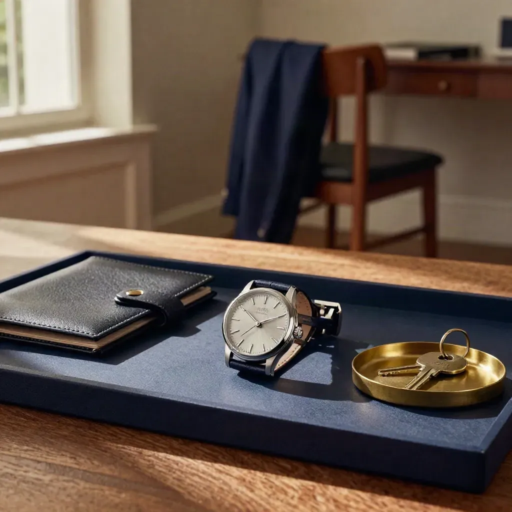Luxe ondernemerhoek met horloge, map, sleutels en jasje in warm avondlicht.