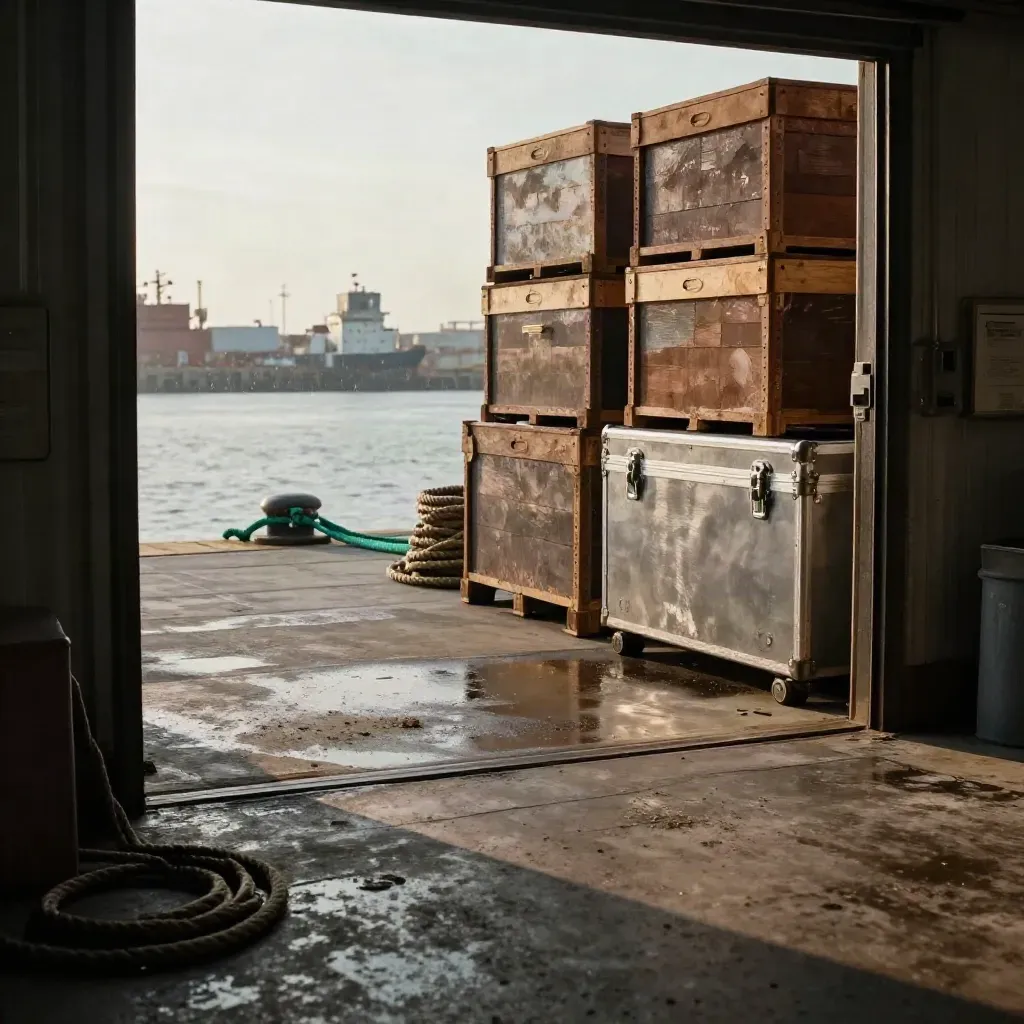 Havenpakhuisdeur met kratten, touw en metalen koffer in warm namiddaglicht.