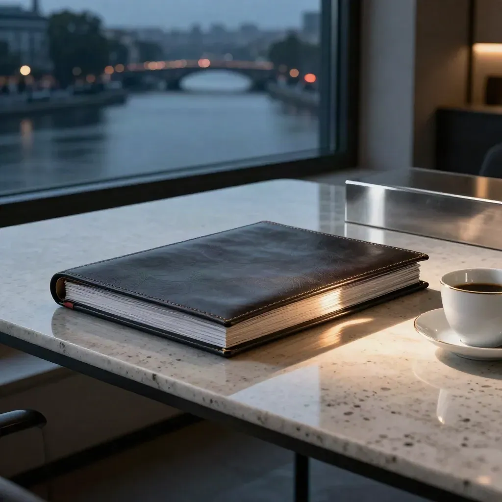Glazen kantoor aan het kanaal met dossiermap, stalen fabriekmodel en koffiekop in blauw uurlicht.