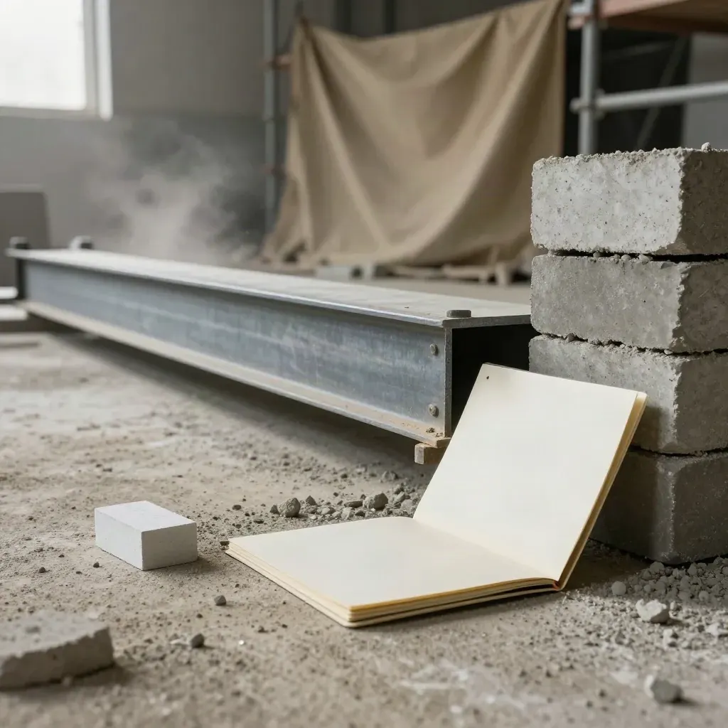 Betonblokken en stalen balk op ruwe slab, met gesloten map en stof in het licht.