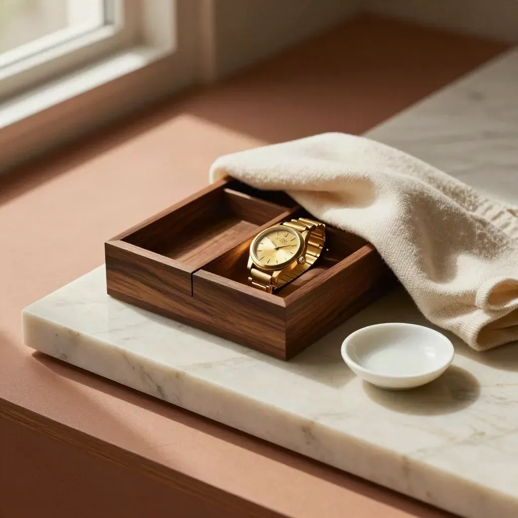 Walnoten doos met twee vakken, horloge en wollen doek op marmeren plaat.